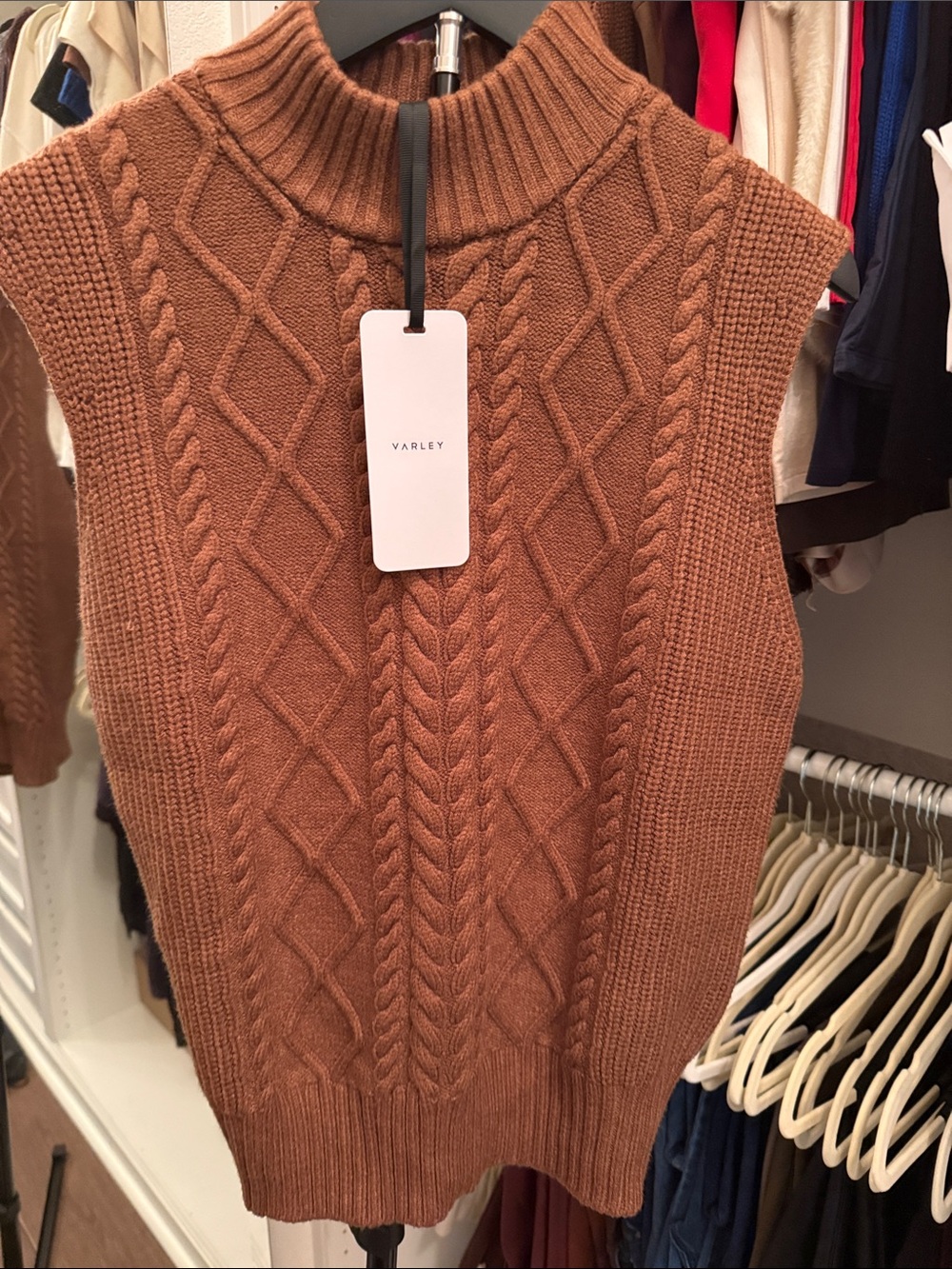 Varley Cable-Knit Sleeveless Turtleneck Sweater Vest - Rust
